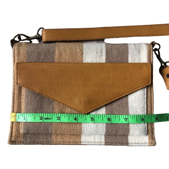 SutiSana Crossbody Organizer Color Sepia Wool Leather Zipper Bag Yellow Stripe - Picture 13 of 16